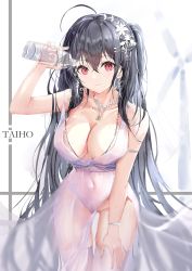 Rule 34 | 1girl, absurdres, age fx, ahoge, azur lane, black hair, bottle, breasts, character name, cleavage, closed mouth, cocktail dress, covered navel, cowboy shot, dress, earrings, flower, garter straps, glint, gluteal fold, hair between eyes, hair flower, hair ornament, hand on own thigh, highres, holding, holding bottle, jewelry, large breasts, long hair, looking at viewer, necklace, no panties, official alternate costume, plunging neckline, pouring, pouring onto self, red eyes, see-through, see-through dress, side slit, smile, solo, taihou (azur lane), taihou (temptation on the sea breeze) (azur lane), thighhighs, thighs, very long hair, water bottle, white flower, white garter straps, white thighhighs, wristband