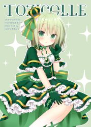 Rule 34 | 1girl, ahoge, bad id, bad pixiv id, blush, bow, bridal garter, capelet, commentary request, cover, cover page, crown, dress, frilled capelet, frills, gem, gloves, green background, green bow, green capelet, green dress, green eyes, green gemstone, green gloves, green hair, green theme, hair between eyes, hair bow, himetsuki luna, kunreishiki, leg ribbon, looking at viewer, mini crown, parted lips, ribbon, romaji text, sitting, smile, soga no tojiko, solo, sparkle, touhou
