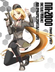 Rule 34 | 1girl, :o, absurdres, belt, black belt, black choker, black hat, black nails, black thighhighs, blonde hair, breasts, character name, choker, cleavage, collarbone, core1013, girls&#039; frontline, griffin &amp; kryuger, grifon &amp; kryuger, gun, hair ornament, hairclip, hand up, handgun, hat, highres, holding, holding gun, holding weapon, long hair, looking at viewer, machine pistol, medium breasts, military, military hat, military uniform, nail polish, open mouth, personal defense weapon, pistol, pp-2000, pp-2000 (girls&#039; frontline), russian text, simple background, sitting, solo, submachine gun, thighhighs, uniform, very long hair, weapon, yellow eyes