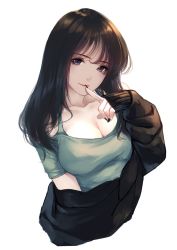 Rule 34 | 1girl, aqua shirt, black nails, breasts, brown hair, caidychen, cleavage, clothing cutout, finger to mouth, head tilt, highres, jacket, large breasts, long hair, looking at viewer, nail polish, off shoulder, original, shirt, shoulder cutout, simple background, sleeves past wrists, solo, white background