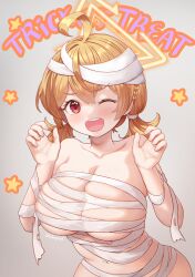 Rule 34 | 1girl, ahoge, blonde hair, blue archive, braid, breasts, cleavage, collarbone, elanphant, grey background, hair between eyes, halloween, halloween costume, halo, highres, kotori (blue archive), large breasts, long hair, mummy costume, one eye closed, open mouth, red eyes, short twintails, smile, solo, star (symbol), teeth, trick or treat, twintails, upper body, upper teeth only, yellow halo