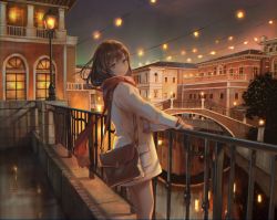 Rule 34 | 1girl, bag, balcony, blue eyes, bridge, brown hair, chromatic aberration, city, city lights, closed mouth, enpera, feet out of frame, from side, green eyes, jacket, lamppost, light, long hair, long sleeves, looking at viewer, looking to the side, night, original, outdoors, power lines, red scarf, reflection, scarf, shoichi (ekakijin), shoulder bag, smile, solo, standing, string of light bulbs, tree, white jacket, window