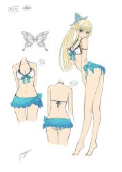 Rule 34 | 1girl, arched back, armband, ass, back, bare shoulders, barefoot, bikini, blonde hair, blue eyes, blush, bow, breasts, butterfly hair ornament, character sheet, cleavage, dimples of venus, earrings, elf, flat color, frills, front-tie bikini top, front-tie top, hair ornament, hand on own chest, high ponytail, jewelry, kirika towa alma, kneepits, leaning forward, legs, long hair, long legs, long pointy ears, looking at viewer, medium breasts, multiple views, navel, official art, parted lips, pointy ears, ponytail, ribbon, ribbon trim, sarong, shining (series), shining resonance, sidelocks, signature, simple background, sketch, string bikini, swimsuit, tiptoes, tony taka, underboob, white background, white bikini