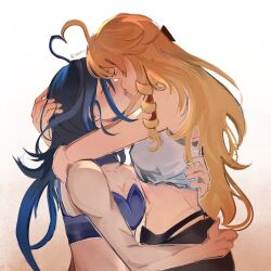 Rule 34 | 2girls, bare arms, bare shoulders, blonde hair, blue hair, breasts, cleavage, clorinde (genshin impact), closed eyes, commentary, drill hair, drill sidelocks, genshin impact, gradient background, heart ahoge duo, highres, hug, kiss, long hair, midriff, multiple girls, navia (genshin impact), no headwear, rozen (og rozen), sidelocks, stomach, strapless, tube top, upper body, very long hair, yuri