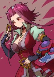 Rule 34 | 1girl, absurdres, black gloves, breasts, card, choker, cleavage, closed mouth, corset, dress, duel disk, elbow gloves, eyelashes, fingerless gloves, gloves, highres, holding, holding card, izayoi aki, jewelry, necklace, puffy short sleeves, puffy sleeves, red choker, red corset, red eyes, red hair, short sleeves, solo, youko-shima, yu-gi-oh!, yu-gi-oh! 5d&#039;s