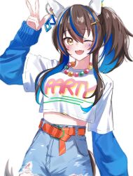Rule 34 | 1girl, animal ears, arm at side, arm up, bead necklace, beads, belt, blue hair, blush, breasts, brown hair, colored inner hair, cowboy shot, cropped shirt, daitaku helios (umamusume), denim, denim shorts, ear covers, fang, ha (hura76752775), hair ornament, hairclip, highres, horse ears, horse girl, horse tail, jewelry, long hair, long sleeves, looking at viewer, midriff, multicolored hair, necklace, one eye closed, open mouth, shirt, shorts, side ponytail, simple background, small breasts, solo, tail, torn clothes, torn shorts, two-tone hair, umamusume, w, white background, white shirt, yellow eyes
