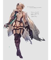 Rule 34 | 1girl, absurdres, arm tattoo, bare shoulders, belt, black hair, blonde hair, brown eyes, claws, coat, coat on shoulders, earrings, glowing, gun, hair over one eye, highres, holding, holding gun, holding weapon, jewelry, leotard, mayutsuba mono, mechanical arms, multicolored hair, original, parted lips, short hair, single mechanical arm, sketch, solo, standing, tattoo, thigh strap, torn clothes, torn coat, turtleneck, weapon, white coat, white leotard