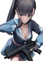 Rule 34 | 1girl, black hair, black mask, blue archive, blue serafuku, blunt bangs, blush, breasts, cleavage, collarbone, commentary request, cropped shirt, fingerless gloves, gloves, gun, halo, highres, holding, holding gun, holding weapon, large breasts, long sleeves, looking at viewer, mask, mask pull, midriff, mouth mask, neckerchief, partial commentary, pleated skirt, ponytail, school uniform, serafuku, simple background, skirt, solo, submachine gun, sukeban (smg) (blue archive), weapon, white background, white neckerchief, xaiqi