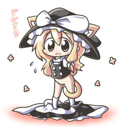 Rule 34 | 1girl, animal ears, aoblue, arms behind back, blonde hair, blue eyes, bottomless, bow, cat ears, cat girl, cat tail, chibi, female focus, flower, flying sweatdrops, hair bow, hat, highres, kemonomimi mode, kirisame marisa, long hair, navel, no panties, open mouth, socks, solo, tail, touhou, undressing, white background, white socks, witch hat