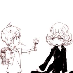 Rule 34 | 1boy, 1girl, age difference, backpack, bag, candy, child, curly hair, doutei (one-punch man), food, lollipop, monochrome, older woman and younger man, one-punch man, randoseru, short hair, six (fnrptal1010), sketch, swirl lollipop, tatsumaki