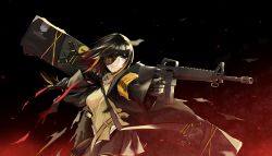Rule 34 | 1girl, absurdres, assault rifle, black gloves, black hair, black jacket, black skirt, breasts, brown eyes, chinese commentary, eyepatch, girls&#039; frontline, gloves, gorilla fei, griffin &amp; kryuger, gun, headphones, headphones around neck, highres, holding, holding case, holding gun, holding weapon, jacket, long hair, looking away, m16, m16a1, m16a1 (girls&#039; frontline), medium breasts, multicolored hair, open clothes, open jacket, open mouth, rifle, scar, scar across eye, shirt, simple background, skirt, solo, standing, streaked hair, teeth, upper body, weapon, weapon case, yellow shirt
