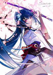 Rule 34 | 1girl, absurdres, bad id, bad pixiv id, blue flower, bridal gauntlets, chinese commentary, closed mouth, commentary request, dated, flower, from side, genshin impact, hair ornament, highres, holding, holding sword, holding weapon, japanese clothes, katana, kimono, long hair, looking at viewer, purple eyes, purple hair, raiden shogun, ribbon, sash, scarlett 0125, signature, simple background, solo, sword, translated, weapon, white background