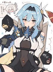Rule 34 | !?, ..., 3girls, ^^^, amber (genshin impact), arms behind back, black gloves, black hairband, blue cape, blue hair, blue necktie, blush, breasts, bright pupils, cape, clothing cutout, eula (genshin impact), genshin impact, gloves, hair between eyes, hair ornament, hairband, hand blush, high-waist shorts, highres, jean (genshin impact), kyou 039, lifting another&#039;s clothes, long sleeves, looking ahead, medium breasts, medium hair, mouth hold, multiple girls, necktie, necktie in mouth, on chair, parted bangs, plus sign, restrained, see-through, see-through cutout, shorts, shoulder cutout, sidelocks, simple background, sitting, spoken blush, spoken character, spread legs, sweatdrop, translation request, twitter username, vision (genshin impact), white background, white pupils, white sleeves, yellow eyes