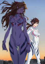 Rule 34 | 2girls, arms at sides, blue eyes, blurry, bodysuit, breasts, brown hair, covered navel, curvy, depth of field, evangelion: 3.0+1.0 thrice upon a time, floating hair, glasses, gloves, hands on own hips, headgear, highres, interface headset, kiyohisa, long hair, looking to the side, makinami mari illustrious, multiple girls, neon genesis evangelion, open mouth, outdoors, plugsuit, rebuild of evangelion, skin tight, souryuu asuka langley, standing, very long hair, white bodysuit, wide hips, wind
