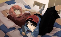 Rule 34 | 1boy, 1girl, age difference, aishadadagova, blue hoodie, cellphone, flcl, green eyes, haruhara haruko, head on pillow, highres, hood, hoodie, nandaba naota, on bed, phone, pink hair, short hair, size difference, smile