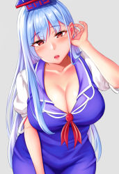 Rule 34 | 1girl, blue dress, blue hair, blush, breasts, cleavage, collarbone, commentary request, cowboy shot, dress, eyelashes, grey background, hair between eyes, tucking hair, hand in own hair, hat, kamishirasawa keine, large breasts, long hair, looking at viewer, mimasi osuwari, open mouth, puffy short sleeves, puffy sleeves, red eyes, ribbon, short sleeves, simple background, solo, teeth, touhou, upper teeth only, very long hair