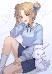 Rule 34 | 1girl, absurdres, blue background, blue bow, blue nails, blue shirt, blue skirt, blush, bow, breasts, brown eyes, brown hair, commentary request, double bun, feet out of frame, gradient background, hair bow, hair bun, hair ornament, hairclip, heart, highres, ichikawa hinana, idolmaster, idolmaster shiny colors, knee up, kuroka tori, long sleeves, nail polish, parted bangs, puffy long sleeves, puffy sleeves, shirt, shoes, skirt, sleeves past wrists, small breasts, socks, solo, star (symbol), star hair ornament, stuffed animal, stuffed rabbit, stuffed toy, white footwear, white socks
