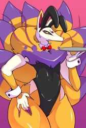 Rule 34 | 1boy, artist request, crossdressing, fingernails, furry, hand on own hip, highres, kyuubi (youkai watch), leotard, long fingernails, no humans, playboy bunny, trap, tray, wide hips, yellow eyes, youkai watch