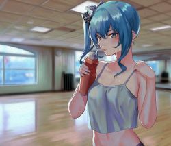 Rule 34 | 1girl, bare arms, bare shoulders, blue eyes, blue hair, blurry, blurry background, blush, bottle, bow, camisole, closed mouth, commentary, eredhen, hair between eyes, hair bow, hands up, highres, holding, holding bottle, holding strap, hololive, hoshimachi suisei, indoors, long hair, midriff, side ponytail, solo, squeeze bottle, star (symbol), star in eye, sweat, symbol in eye, upper body, virtual youtuber