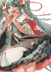 Rule 34 | 1girl, :d, absurdres, blush, cape, dress, eyelashes, falling petals, fingernails, flower, frilled dress, frilled sleeves, frills, green eyes, green hair, hair flower, hair ornament, happy, hatsune miku, highres, long hair, long sleeves, looking at viewer, magical mirai miku, magical mirai miku (2021), open mouth, petals, simple background, smile, solo, teeth, twintails, two-sided cape, two-sided fabric, upper teeth only, vocaloid, white background, white cape, wide sleeves, zhongmu