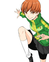 Rule 34 | 1girl, bad id, bad pixiv id, bike shorts, black footwear, black shorts, bob cut, brown eyes, brown hair, cardigan, closed mouth, green cardigan, kneehighs, loafers, long sleeves, looking at viewer, maodaisuke, miniskirt, persona, persona 4, pleated skirt, satonaka chie, school uniform, shoes, short hair, short shorts, shorts, simple background, skirt, smile, socks, solo, standing, standing on one leg, sweater, turtleneck, turtleneck sweater, white background, white socks, yasogami school uniform