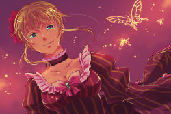 Rule 34 | 00s, 1girl, beatrice (umineko), blonde hair, blue eyes, bow, bowtie, breasts, bug, butterfly, choker, cleavage, dress, european clothes, frills, hair ornament, insect, pink bow, solo, tears, tou (searing blue eyes), umineko no naku koro ni