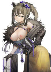 Rule 34 | 1girl, absurdres, animal ear fluff, animal ears, arknights, bag, bare shoulders, black gloves, black jacket, breasts, breasts out, brown hair, buckle, closed mouth, clothes pull, cowboy shot, female focus, freckles, fur trim, gloves, hand on own hip, highres, jacket, large breasts, leaning forward, long sleeves, looking at viewer, multicolored hair, nipples, official alternate costume, open clothes, open jacket, ponytail, raccoon ears, raccoon girl, raccoon tail, robin (arknights), robin (gift of wild) (arknights), senba (592683801), shirt, shirt pull, sidelocks, simple background, skirt, solo, streaked hair, tail, two-tone hair, white background, white shirt, yellow eyes, yellow skirt