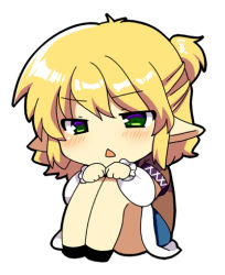 Rule 34 | 1girl, :&lt;, annoyed, arm warmers, bad id, bad pixiv id, bare legs, blonde hair, blush, chibi, female focus, full body, green eyes, half updo, hugging own legs, lowres, matatabi maru, mizuhashi parsee, no nose, pointy ears, shoes, simple background, sitting, skirt, solo, touhou, white background