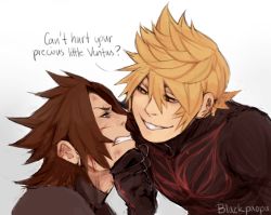 Rule 34 | 2boys, alternate universe, artist name, blackpaopu, blonde hair, blood, blue eyes, brown hair, bruise, clenched hand, close-up, cuts, dark persona, english text, evil grin, evil smile, flipped hair, grin, half-closed eyes, hand on another&#039;s chin, injury, kingdom hearts, kingdom hearts birth by sleep, looking at another, male focus, multiple boys, smile, smirk, spoilers, terra (kingdom hearts), vanitas (kingdom hearts), ventus (kingdom hearts), yellow eyes