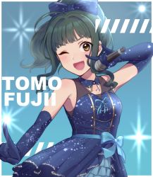 Rule 34 | &gt;;d, 1girl, ;d, black hair, blunt bangs, brown eyes, character name, dress, elbow gloves, fujii tomo, gloves, idolmaster, idolmaster cinderella girls, long hair, microphone, monotiina, one eye closed, open mouth, smile, solo, v-shaped eyebrows