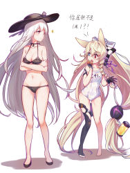 Rule 34 | !, 2girls, :o, absurdly long hair, absurdres, alternate costume, alternate hairstyle, animal ears, armband, bare arms, bare legs, barefoot, bikini, black choker, black footwear, black headwear, blonde hair, blue eyes, braid, breasts, chinese commentary, chinese text, choker, cleavage, collarbone, commentary request, covered navel, cross, cross choker, crossed arms, fox ears, g41 (beach punk 2064) (girls&#039; frontline), g41 (girls&#039; frontline), girls&#039; frontline, gloves, hair between eyes, hair ornament, hair ribbon, hand to own mouth, hat, hat ribbon, heterochromia, highres, iron cross, jewelry, kar98k (girls&#039; frontline), long hair, long legs, looking at breasts, low-tied long hair, multiple girls, nai (daiduolaoge), name tag, navel, necklace, official alternate costume, one-piece swimsuit, open mouth, photoshop (medium), prosthesis, prosthetic hand, red eyes, ribbon, school swimsuit, shadow, single braid, skinny, slim legs, small breasts, sparkle, sun hat, swimsuit, twintails, unaligned ears, v-shaped eyebrows, very long hair, white background, white hair, white one-piece swimsuit