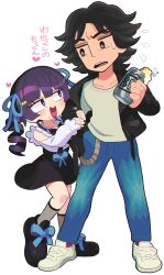 Rule 34 | 1boy, 1girl, absurdres, arm hug, beer can, belt chain, black bow, black bowtie, black eyes, black hair, black skirt, blue bow, blue eyes, blue ribbon, blush, bow, bowtie, bright pupils, can, clothing cutout, collarbone, confused, denim, drill hair, drink can, drooling, eyelashes, eyeshadow, fashion, fishnet socks, fishnets, flipped hair, flying sweatdrops, footwear bow, frilled shirt, frilled sleeves, frills, frown, full body, furrowed brow, gashi-gashi, hair ornament, hair ribbon, hairclip, hand in pocket, heart, heart in mouth, highres, holding, holding can, jacket, jeans, judge eyes, leather, leather jacket, looking at another, makeup, nijisanji, no sclera, official alternate costume, open mouth, pants, purple hair, red eyeshadow, ribbon, sanpaku, shirt, shoes, shoulder cutout, simple background, skirt, sneakers, socks, standing, standing on one leg, suspender skirt, suspenders, sweatdrop, tsukino mito, tsukino mito (14th costume), twin drills, virtual youtuber, white background, white pupils, white shirt, yagami takayuki