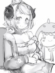 Rule 34 | 1girl, blush, breasts, cleavage, closed mouth, curled horns, greyscale, hair bun, highres, hololive, horns, jacket, long sleeves, looking at viewer, medium hair, monochrome, nanashi (nlo), open clothes, open jacket, own hands together, projected inset, sheep girl, sheep horns, sitting, smile, solo, tsunomaki watame, tsunomaki watame (loungewear), virtual youtuber