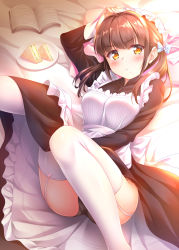 Rule 34 | 1girl, :t, apron, black panties, blue bow, blush, book, bow, breasts, brown eyes, brown hair, dress, eating, food, food on face, frills, garter straps, hair bow, highres, large breasts, legs up, long hair, looking at viewer, lying, maid, maid headdress, on back, on bed, original, panties, sandwich, solo, sweatdrop, thighhighs, underwear, white thighhighs, yuurei yashiki