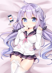Rule 34 | 1girl, :o, absurdres, anchor symbol, arlene (ju), azur lane, bed sheet, black sailor collar, black scrunchie, black skirt, blush, breasts, cameltoe, cardigan, cellphone, cellphone charm, charm (object), clothes pull, collarbone, commentary request, gluteal fold, hair ornament, hair scrunchie, hands up, heart, highres, long hair, long sleeves, looking at viewer, low twintails, lying, medium breasts, miniskirt, neckerchief, on back, panties, pantyhose, pantyhose pull, parted lips, phone, pink neckerchief, pleated skirt, purple eyes, purple hair, sailor collar, scrunchie, sidelocks, skirt, sleeves past wrists, solo, tears, twintails, underwear, unicorn (long-awaited date) (azur lane), unicorn (azur lane), very long hair, white cardigan, white panties, white pantyhose, x hair ornament