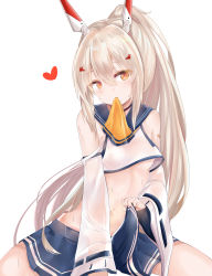 Rule 34 | 1girl, absurdres, arm support, ayanami (azur lane), azur lane, bandaid, bandaid on arm, bare shoulders, blue skirt, blush, breasts, brown eyes, clothes lift, commentary request, crop top, detached sleeves, hair between eyes, head tilt, headgear, heart, heart-shaped pupils, high ponytail, highres, lifted by self, light brown hair, long hair, long sleeves, looking at viewer, medium breasts, midriff, mouth hold, navel, pleated skirt, ponytail, ru zhai, school uniform, serafuku, shirt, sidelocks, simple background, sitting, skirt, skirt lift, sleeveless, sleeveless shirt, solo, sweat, symbol-shaped pupils, underboob, very long hair, white background, white shirt, wide sleeves, yellow neckwear