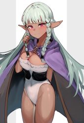 Rule 34 | 1girl, arm behind back, braid, breasts, cape, cleavage, closed mouth, commentary request, dark-skinned female, dark elf, dark skin, elf, green hair, grey background, highleg, highleg leotard, highres, leotard, looking at viewer, medium breasts, pointy ears, purple cape, red eyes, rosalinde (unicorn overlord), smile, solo, solokitsune, thighs, twin braids, two-tone background, unicorn overlord, white background, white leotard