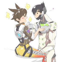 Rule 34 | 1boy, 1girl, armor, ass, black hair, bodysuit, brown hair, chip-tooth, couple, cyborg, eye contact, flower, genji (overwatch), happy, heart, hetero, highres, holding, looking at another, mask, unworn mask, overwatch, overwatch 1, short hair, sitting, smile, spiked hair, strap, tracer (overwatch), white background