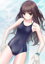 Rule 34 | 1girl, bad id, bad pixiv id, black hair, brown eyes, chikuwa (glossymmmk), chikuwa (odennabe), competition school swimsuit, long hair, md5 mismatch, one-piece swimsuit, original, school swimsuit, solo, swimsuit, wristband
