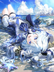 Rule 34 | 1girl, blue eyes, blue hair, furina (genshin impact), genshin impact, hat, light blue hair, lying, mochi upamo, multicolored hair, on ground, open mouth, shorts, solo, streaked hair
