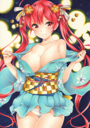 Rule 34 | 1girl, ahoge, alternate costume, azur lane, bell, blue kimono, blush, breasts, breasts apart, checkered sash, closed mouth, collarbone, covered erect nipples, cowboy shot, floral print, flower, gluteal fold, hair bell, hair flower, hair ornament, hands up, highres, honolulu (azur lane), honolulu (among the stalls) (azur lane), japanese clothes, kimono, kimono skirt, large breasts, light smile, lights, long hair, looking at viewer, night, no bra, open clothes, open kimono, orange flower, outdoors, panties, pleated skirt, pulling own clothes, red eyes, red hair, sash, saya pr, single bare shoulder, skirt, solo, thigh gap, thighs, traditional media, underwear, very long hair, white panties, wide sleeves, wind, wind lift, yellow sash, yukata