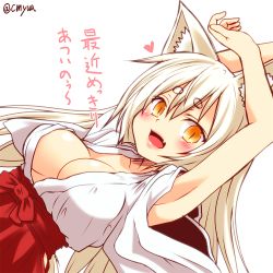 Rule 34 | 1girl, animal ear fluff, animal ears, armpits, arms up, blush, breasts, fang, fox ears, fox tail, heart, japanese clothes, kohaku (yua), large breasts, long hair, looking at viewer, miko, open mouth, original, simple background, sketch, solo, tail, translation request, twitter username, white background, white hair, yellow eyes, yua (checkmate)