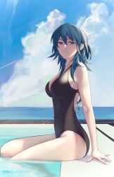 Rule 34 | 1girl, alternate costume, backless outfit, black one-piece swimsuit, blue eyes, blue hair, breasts, byleth (female) (fire emblem), byleth (fire emblem), cloud, fire emblem, fire emblem: three houses, hair between eyes, highres, large breasts, looking at viewer, medium hair, nintendo, ocean, one-piece swimsuit, outdoors, pomelomelon, pool, sitting, sky, smile, solo, swimsuit