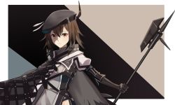 Rule 34 | 1girl, ahoge, arknights, armband, beret, black background, black gloves, blue background, border, brown eyes, brown hair, cape, gloves, grey background, grey cape, grey shirt, hair between eyes, halberd, hat, highres, holding, holding polearm, holding weapon, infection monitor (arknights), looking at viewer, minuo, multicolored background, one-hour drawing challenge, outside border, plume (arknights), polearm, shirt, short hair, simple background, solo, upper body, weapon, white border