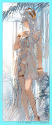 Rule 34 | 1girl, animal ears, ankle ribbon, arknights, bare shoulders, bikini, blue border, blunt bangs, border, bracelet, brown ribbon, closed mouth, artistic error, feet out of frame, grey hair, hand on own chest, highres, horse ears, jewelry, laurel crown, leg ribbon, long hair, looking at viewer, official alternate costume, pillar, platinum (arknights), platinum (shimmering dew) (arknights), ribbon, see-through, solo, standing, swimsuit, swimsuit cover-up, thighlet, very long hair, white bikini, yellow eyes, zhanzhan lan