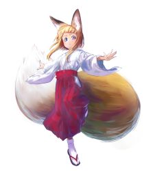 Rule 34 | 1girl, animal ear fluff, animal ears, blonde hair, blue eyes, blunt bangs, commentary request, fox ears, fox tail, full body, hakama, hakama skirt, jaco, japanese clothes, large tail, long sleeves, miko, original, outstretched arms, red hakama, sandals, short hair with long locks, sidelocks, simple background, skirt, slit pupils, solo, spread arms, standing, tabi, tail, white background, white legwear