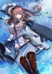 Rule 34 | absurdres, aircraft, airplane, breast pocket, breasts, brown hair, dress, drum magazine, flight deck, highres, kantai collection, large breasts, magazine (weapon), nagasawa tougo, pocket, red thighhighs, saratoga (kancolle), saratoga mk ii (kancolle), side ponytail, smokestack hair ornament, solo, thighhighs, turret, water, white dress