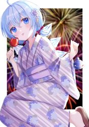 Rule 34 | 1girl, :p, aerial fireworks, ahoge, alternate costume, alternate hairstyle, alternate headwear, arms up, bad id, bad pixiv id, blue eyes, blue hair, blurry, blurry background, candy apple, cirno, commentary request, fireworks, fish, floral print, flower, food, goldfish, hair between eyes, hair flower, hair ornament, highres, holding, holding food, japanese clothes, kimono, leaning to the side, light blush, looking at viewer, low twintails, nibosi, obi, purple kimono, sandals, sash, short hair, sitting, solo, striped clothes, striped kimono, tongue, tongue out, touhou, twintails, unmoving pattern, water yoyo, wings, yokozuwari, yukata