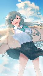 Rule 34 | 1girl, :d, asymmetrical bangs, blue sky, blurry, bokeh, bow, bowtie, braid, braided bangs, cardigan, depth of field, feet out of frame, floating clothes, grey hair, highres, hisakawa hayate, idolmaster, idolmaster cinderella girls, idolmaster cinderella girls starlight stage, looking at viewer, loose bowtie, open collar, open mouth, outstretched arms, pleated skirt, sanpo (sanpo 1027), school uniform, skirt, skirt rolled up, sky, smile, solo, straight hair, yellow cardigan