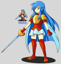 Rule 34 | 1girl, armor, blue eyes, blue hair, blush, boots, cape, eirika (fire emblem), eyes visible through hair, fire emblem, fire emblem: the sacred stones, highres, holding, holding sword, holding weapon, long hair, mag (magdraws), miniskirt, nintendo, red footwear, reference inset, sidelocks, skirt, solo, sword, thigh boots, thighhighs, weapon, white skirt